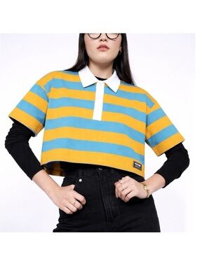 Wildfang Striped Knit Rugby Boxy Top 2X Teal Orange Academia Preppy Androgynous